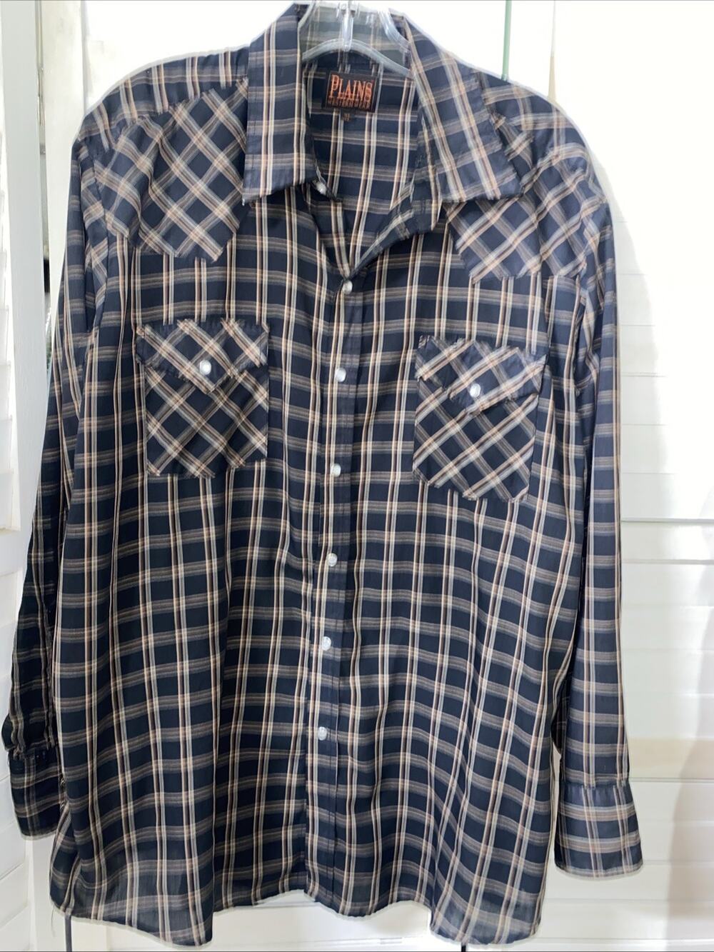 Y2K Plains Western Wear Shirt Mens XL Brown Plaid Pearl Snap Long Sleeve